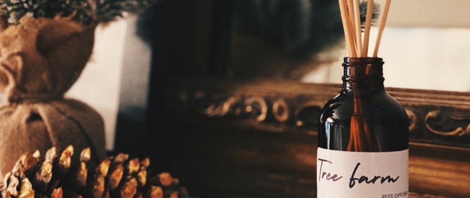 A reed diffuser and pinecones rest atop a wooden table with a decorative mirror behind it.